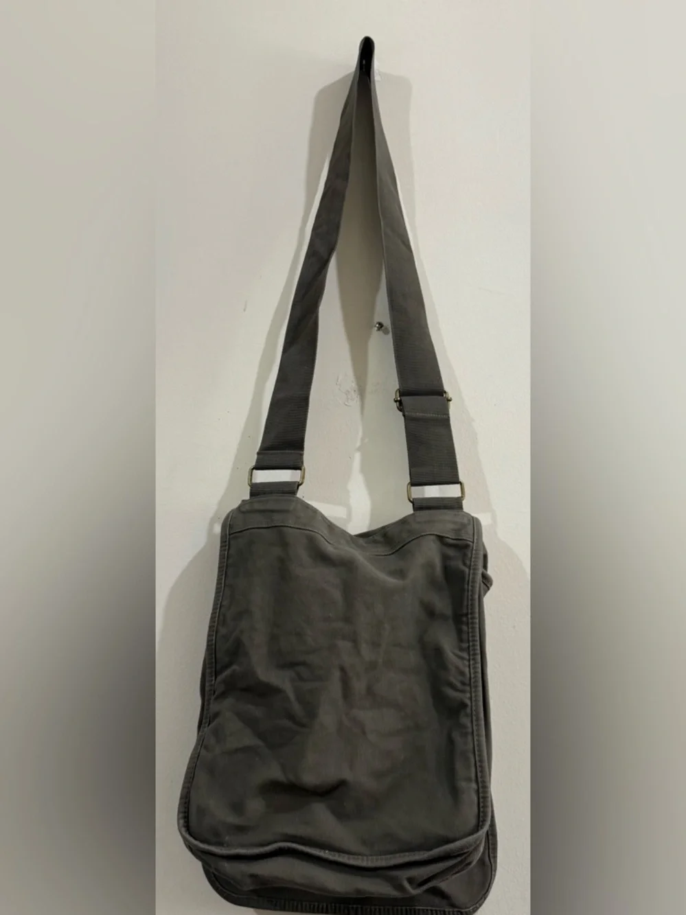 Garment Washed Men's Dark Gray Canvas Messenger Bag with Embroidered Icons